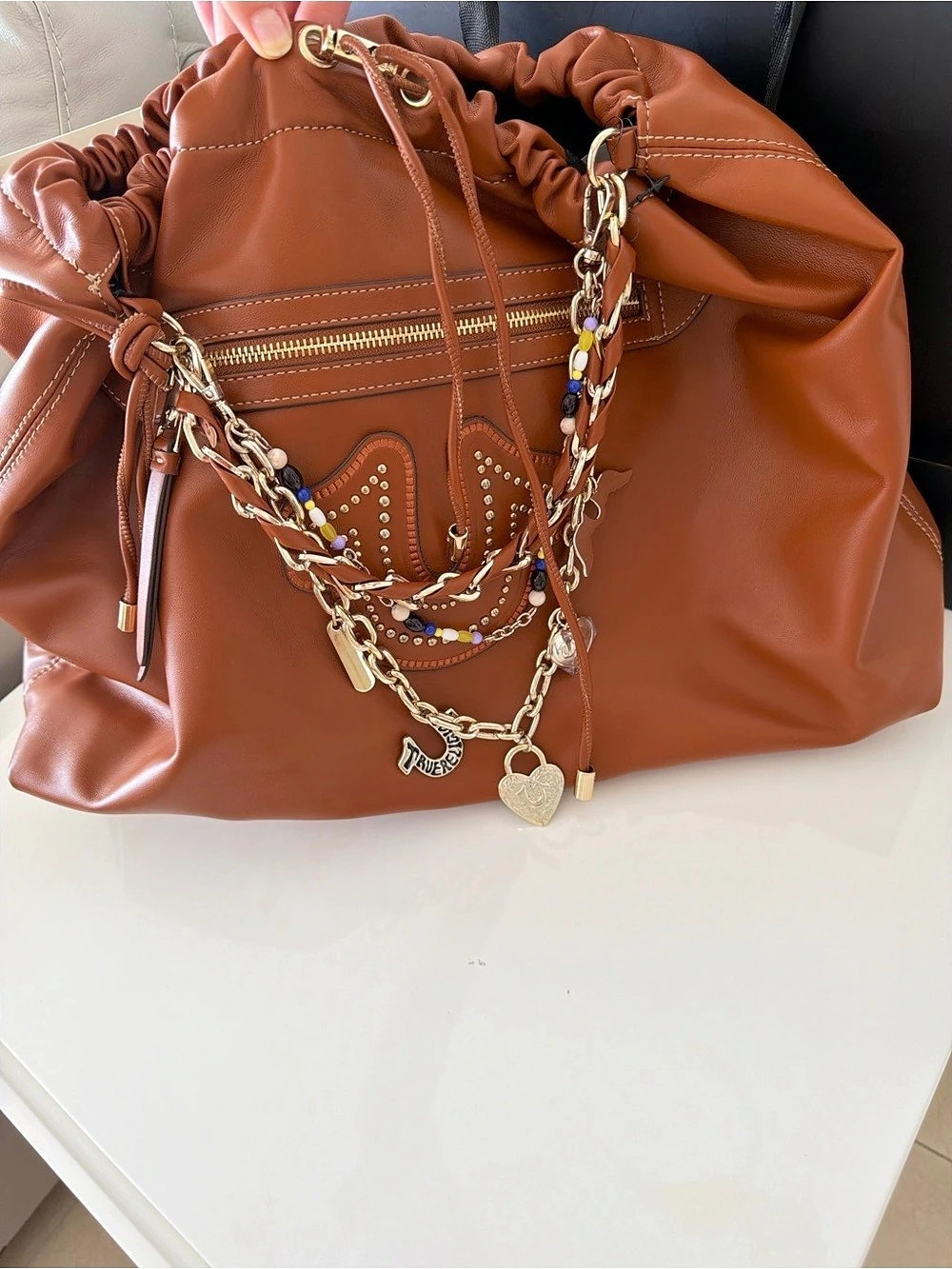 True Religion Chain & Studs PU Hobo Bag Brown